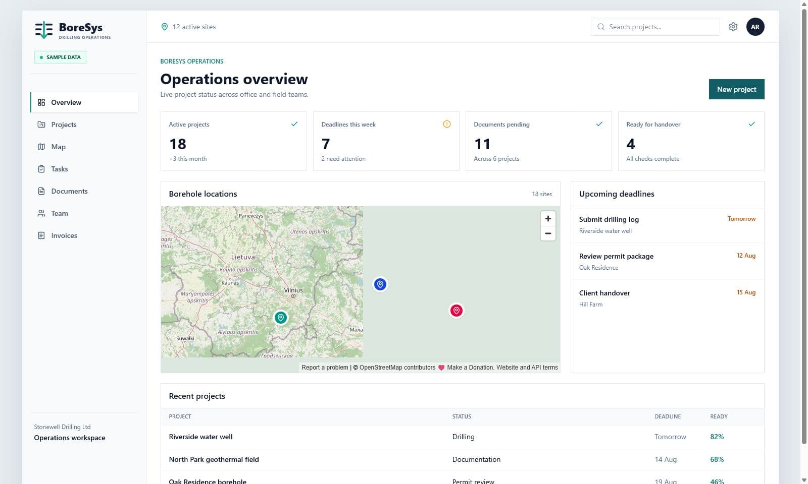 BoreSys operations workspace with sample data