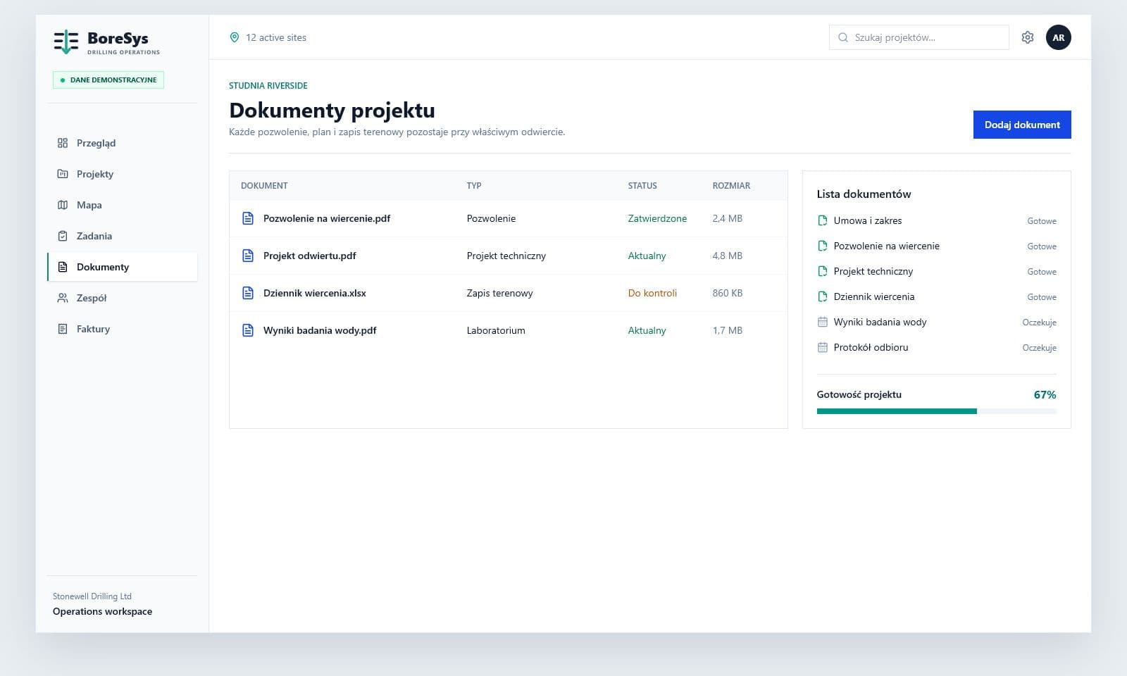 Lista dokumentów i status kompletności projektu w BoreSys