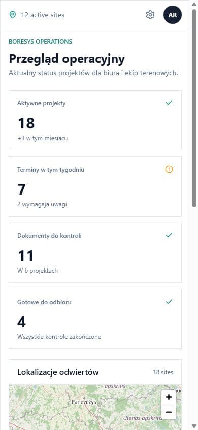 Mobilny widok operacyjny BoreSys dla ekipy wiertniczej